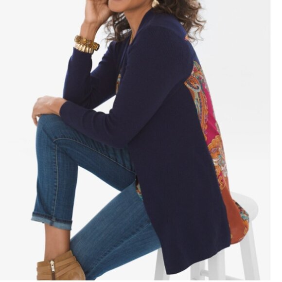 CHICO'S Paisley Woven-Back Cardigan Sweater Cotton Blend Silky Back Chico's 0 XS - Picture 2 of 11